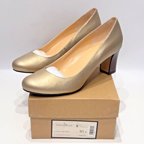 NWB Cole Haan Women’s Edie Low Pump Heels Pearlized Gold Leather Size 10B - Picture 1 of 12
